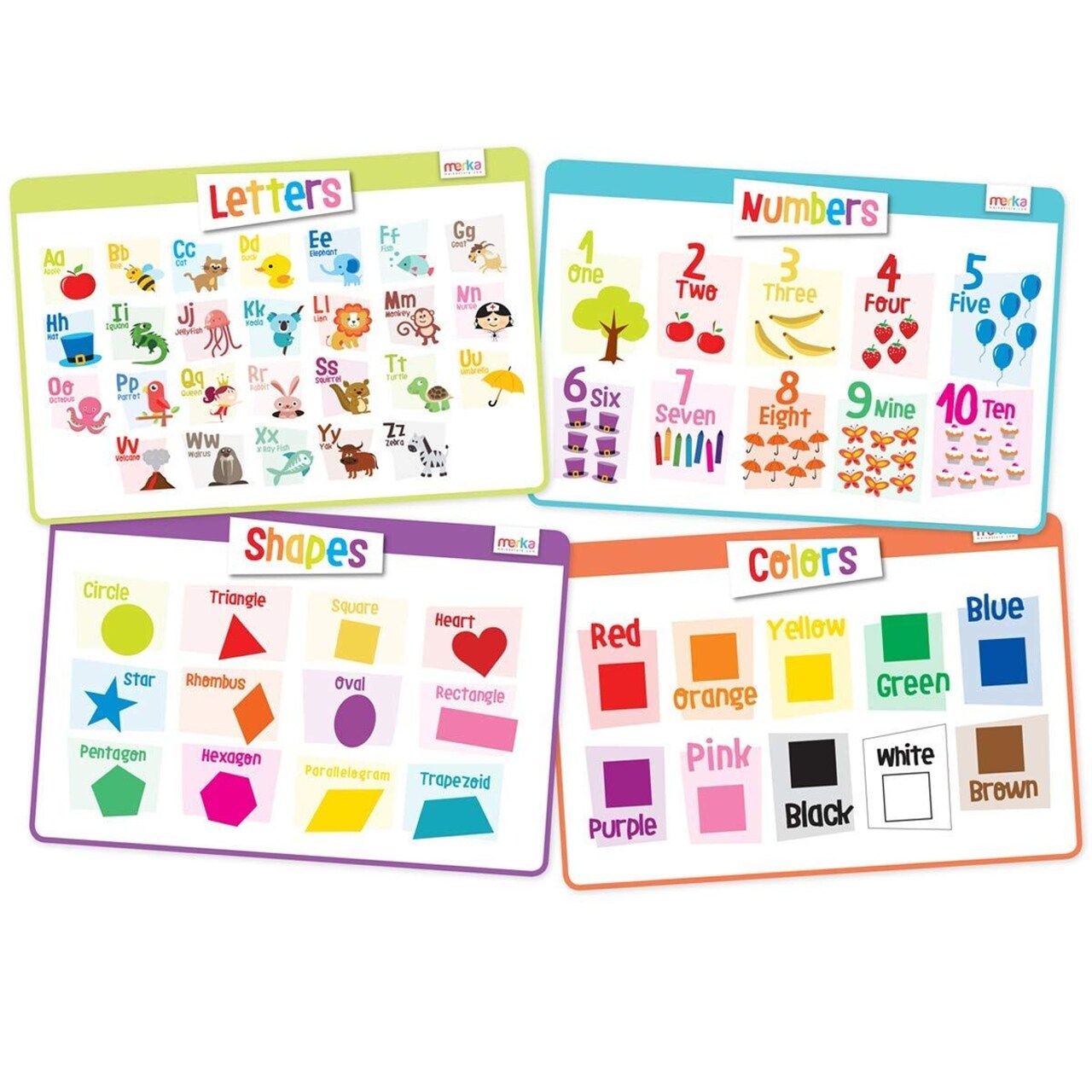 Merka 4 Pack Educational Placemat for Kids & Toddlers, Reusable, Washable Mat with Secure Grip Back for Dining Table, Learning Letters, Numbers, Shapes, Colors,17 x 11 inches